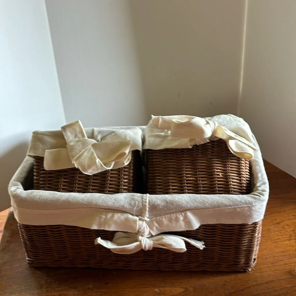 1990’s nesting set of 3 brown wicker with linen look liners storage baskets - Picture 2 of 11